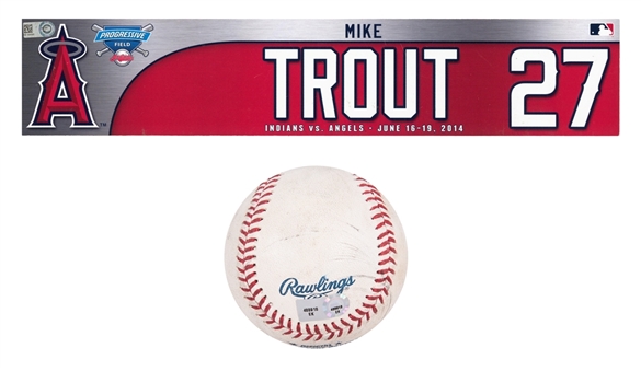 Lot of (2) 2014 Mike Trout Game Used Items Including Locker Room Name Plate from June 16-19 vs Cleveland Indians and Foul Ball from Trout AB- 1st MVP Season (MLB Authenticated) 